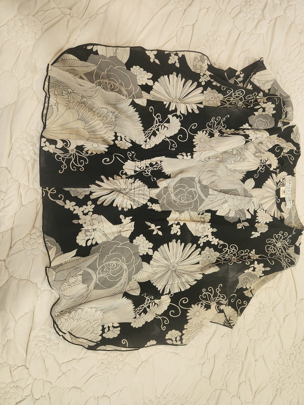 Trina Turk Black Floral Sheer Blouse with Cream Botanical Print